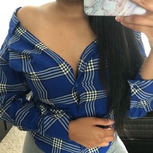 Plaid Off The Shoulder Button Up